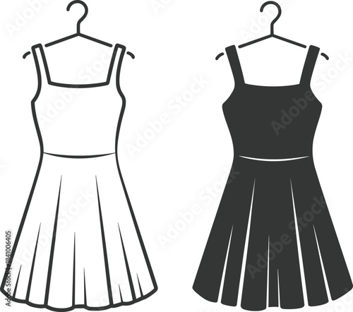 Black and white outline of a dress on a hanger Keywords: dress, clothing, fashion, apparel, garment, outfit, style, design