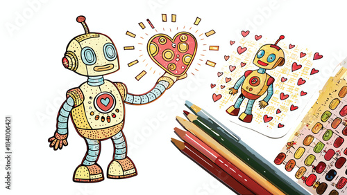 A charming hand drawn robot character proudly presents a glowing heart surrounded by smaller hearts and art supplies conveying a message of love and creativity