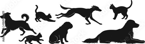 Set of Black Silhouette Vector Illustrations Featuring Different Breeds of Dogs and Cats in Various Poses, Representing Pets, Companionship, and Veterinary Care