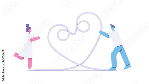 A man and a woman are creating a heart shape with a long ribbon symbolizing connection and love