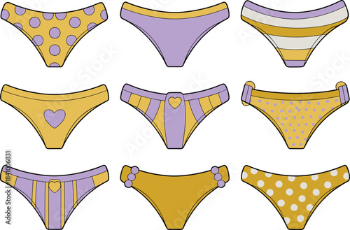 Collection of nine colorful patterned women's underwear on white background panties briefs