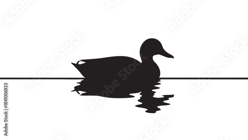 Minimalist black duck silhouette gracefully swimming on water with a natural ripple reflection graphic