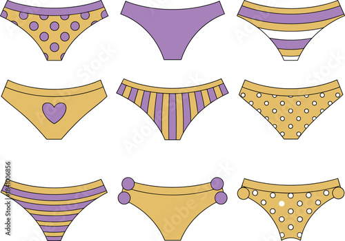 Collection of nine cartoon underwear designs with patterns and heart panties briefs