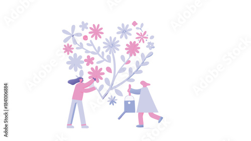 Two people tending to a heart shaped floral arrangement with a watering can and tending to flowers symbolizing love growth and care