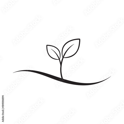Minimalist black outline illustration of a small plant sprout with two leaves growing from the ground representing new life and organic growth