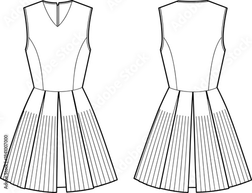 Fashion flat sketch of a sleeveless V-neck dress with pleated skirt front and back views drawing