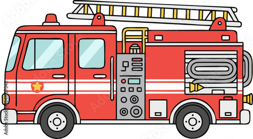 Fire Truck Vector Illustration – Cute Red Emergency Vehicle In Side View With Ladder, Hose Reel And Control Panel