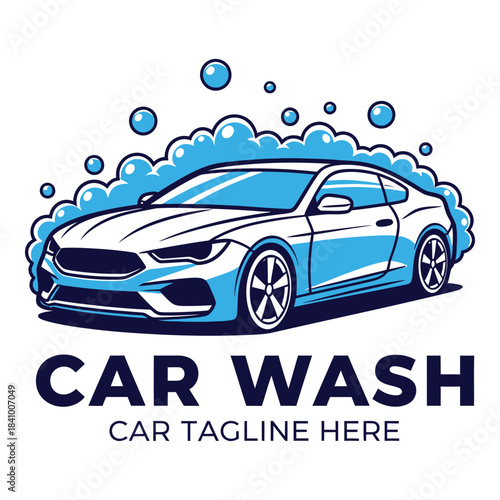 Illustrated Car Wash Logo with Blue Sports Car