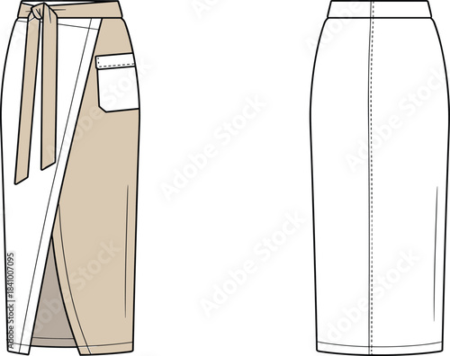 Fashion flat sketches of a wrap skirt and a pencil skirt on white background Keywords: fashion design, flat sketch, skirt