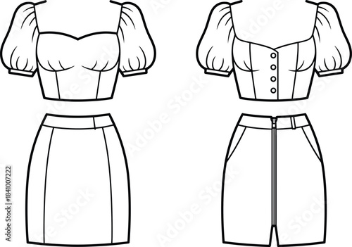 Fashion illustration of two outfit sets with tops and bottoms on white background clothing apparel
