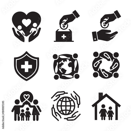 Modern flat design black icons illustrating charity social community care family and protection concepts