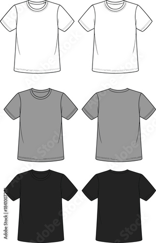Flat sketches of front and back views of white grey and black t-shirts Keywords: fashion design, flat sketch, t-shirt, clothing