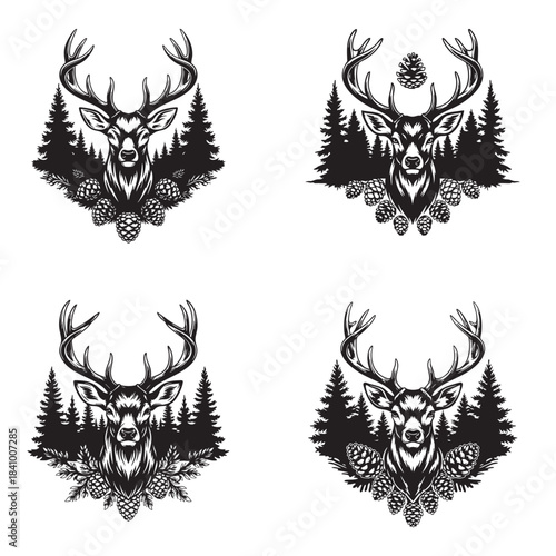 Set of Deer Heads with Pinecones and Forest Silhouettes