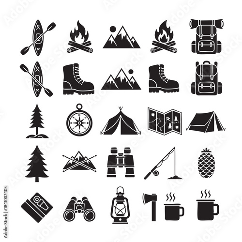 Outdoor adventure camping and hiking essential equipment icons set for wilderness exploration and nature travel design