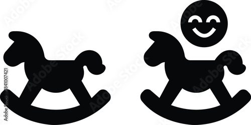 Cartoon rocking horse icons set in black flat styles. Playful toy horse silhouette. Baby playroom symbol, nursery toy illustration for children and toddlers vectors isolated on transparent background.