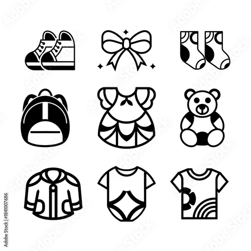 A cohesive collection of 9 minimalist monoline icons designed for a children’s clothing store.