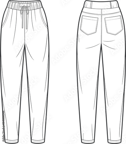 Front and back view of casual drawstring pants on a white background Keywords: pants, trousers, casual pants, drawstring pants