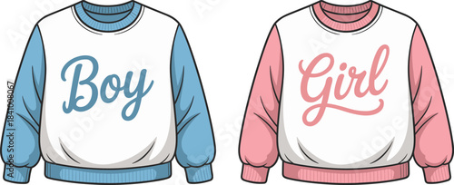 Front view of matching boy and girl sweaters with contrasting sleeves sweatshirt jumper