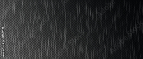 Raindrop effect, rain overlay on dark transparent background, realistic rain vertical streaks at night time weather