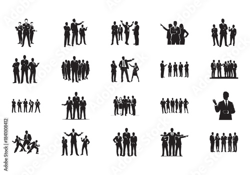 Corporate Leadership and Team Silhouette Icons – Business Group Poses, Executive Standing, Collaboration & Strategy Vector Set