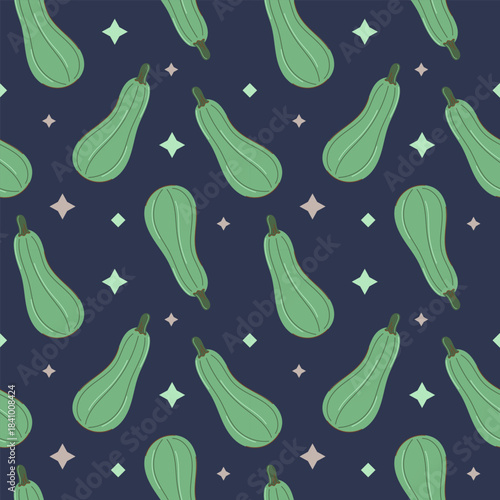 Seamless pattern with zucchini on dark background. Autumn and harvest concept. Flat style vector illustration.