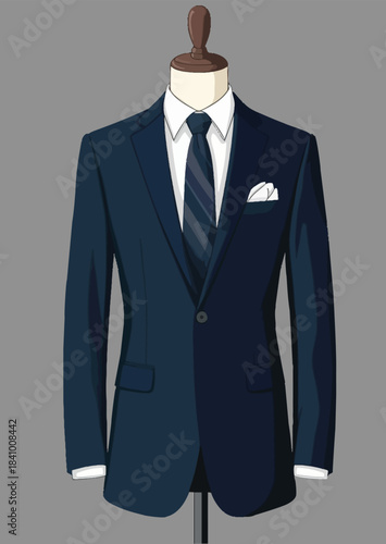 054-36-Classic navy suit with a tie and pocket square displayed on a tailor's dummy
