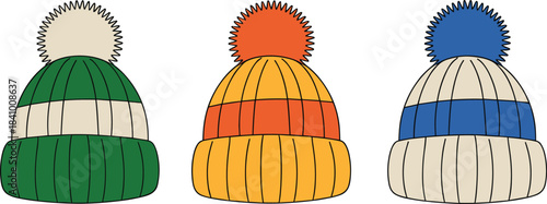 Three Colorful Knitted Bobble Hats with Stripes and Pom- Poms beanie winter