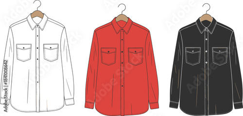 Three button-up shirts on hangers white red and black long sleeve denim style vector illustration