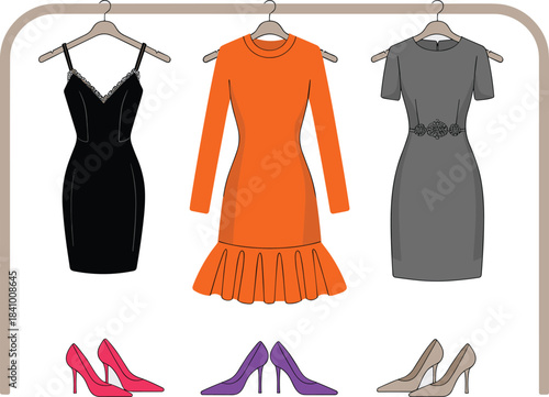 Three dresses and three pairs of high heel shoes displayed on a rack and shelf high heels fashion