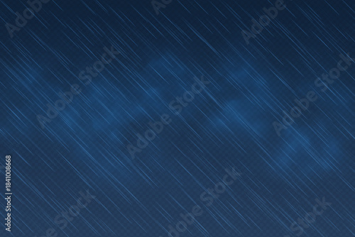 Realistic transparent blue background with clouds and falling rain.