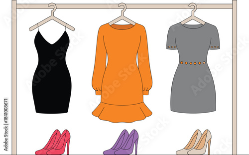 Three dresses and three pairs of high heels on a clothing rack and shelf apparel fashion