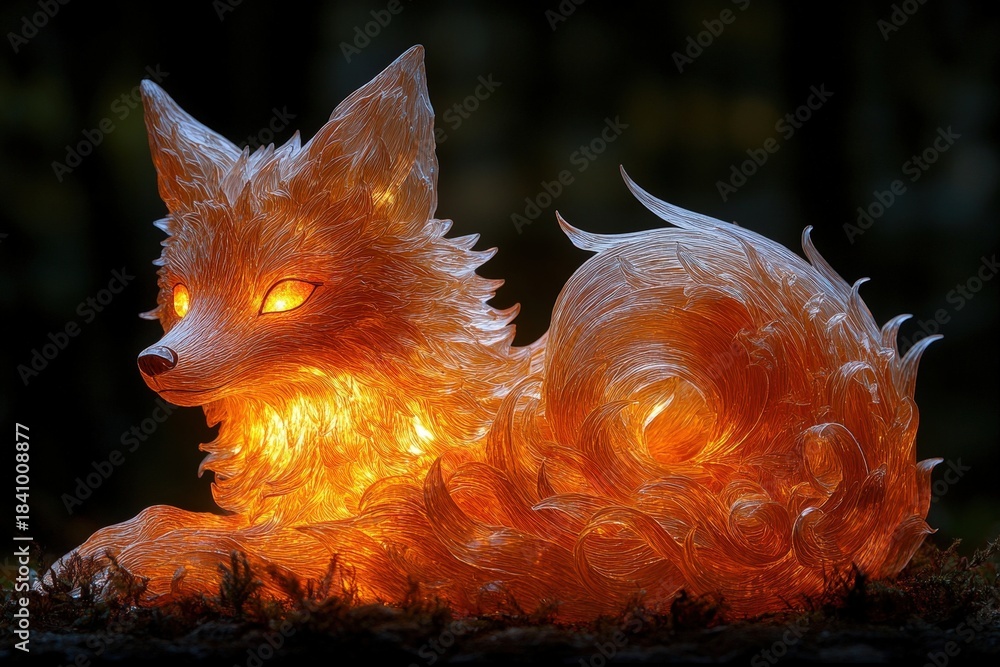 Obraz premium A striking sculpture of a fox with glowing eyes, presented against a dark background to emphasize its fiery colors and dramatic effect. Perfect for creative projects and artistic themes.