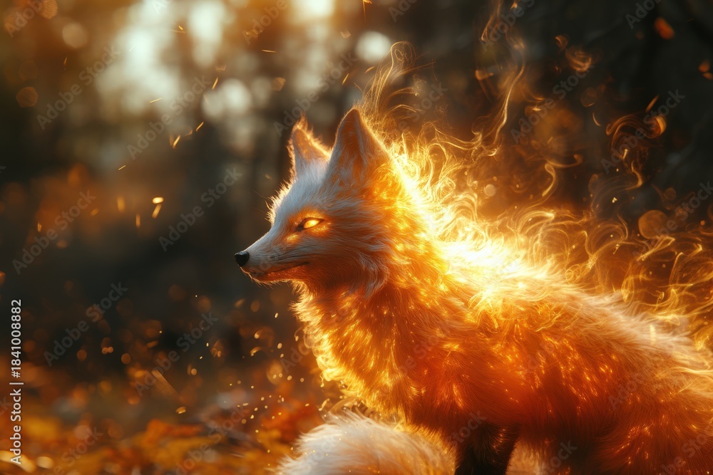 Obraz premium A majestic fox with a fiery red mane stands amidst a lush forest. The image captures the animal's vibrant color and natural habitat, evoking a sense of wild beauty and wilderness.