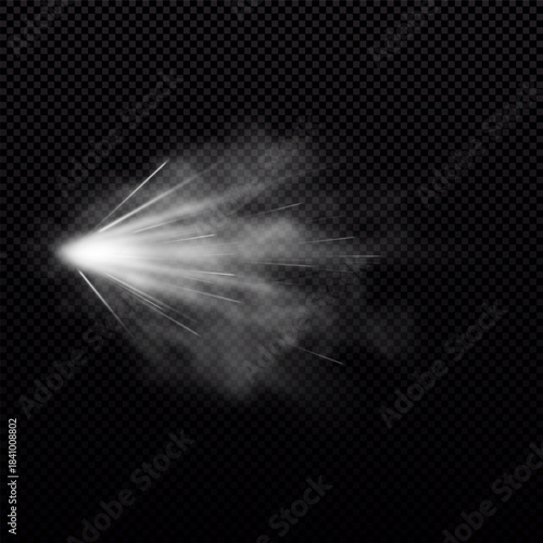 Realistic black and white gunshot trail, smoke cloud, sparks, and bright flash.