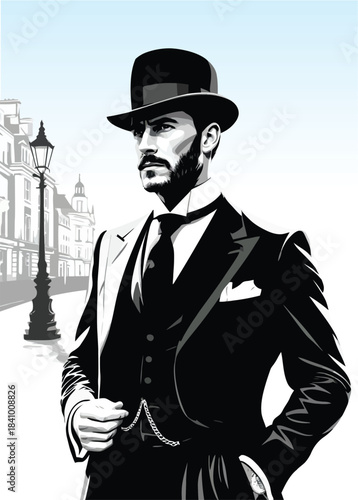 054-43-Gentleman in formal suit and top hat standing on a vintage city street