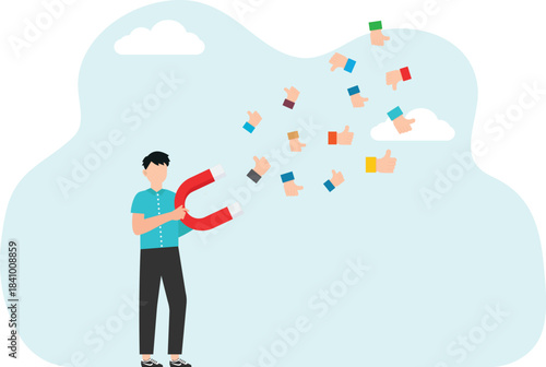 Customer feedback about product or service quality, five star rating, positive service feedback, experience, evaluation rank, user satisfaction, man uses magnet to attract thumbs up.
