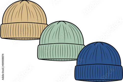 Three ribbed knit beanies in beige mint green and blue on a white background knit hat winter hat