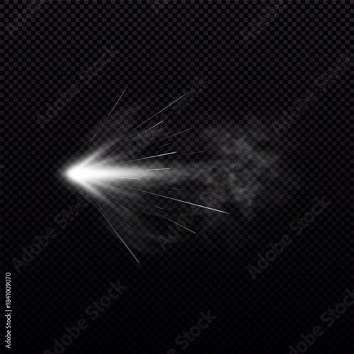 Gun shot with white fire and smoke effect, weapon firing blast, vector realistic gun explosion flash shoot flame trail