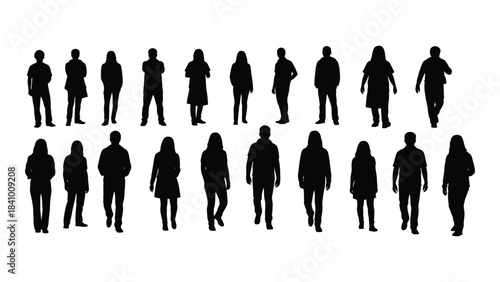 Diverse group of people in black walking poses a striking silhouette