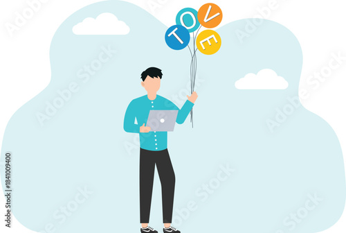 Choice concept. Online-questioning or voting, survey or testing. Voting, political choice, opinion or democracy. Election and referendum, secret ballot. Man holds balloons with the word vote.
