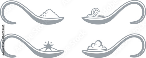 Set of four hand drawn vintage spoon with smoke or genie emerging food on a white background