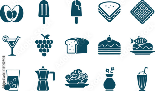 Collection of vintage style beverage icons including cocktails coffee and dessert illustrations