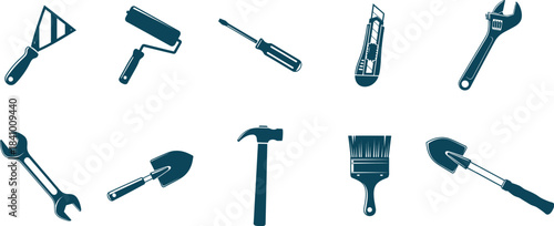 Collection of various hand tools including saws hammers shovels and paintbrushes in a simple graphic style
