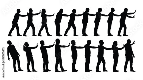 A line of people in various poses demonstrating movement and unity silhouette