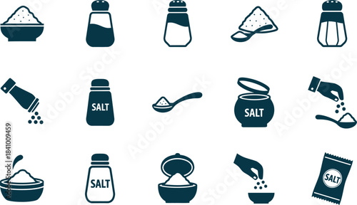 Collection of minimalist spice rack icons representing various seasoning tools and containers
