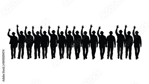 A crowd of people raising hands in a dark dramatic silhouette