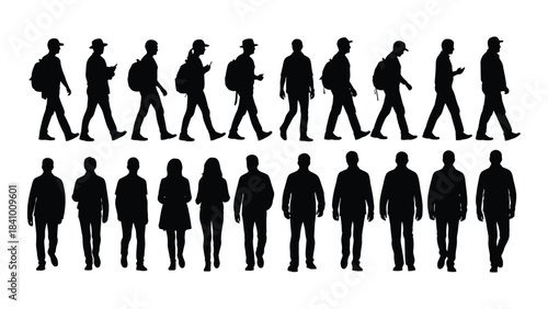 A series of people walking in different poses a black silhouette