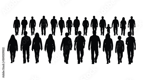 A large group of people walking forward clearly defined silhouette