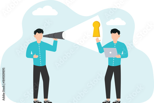 Find way out of difficult situation or solution to problem, secret key to achieve heights in business, motivation to discover new opportunities, a big hand shines a flashlight on the keyhole.
