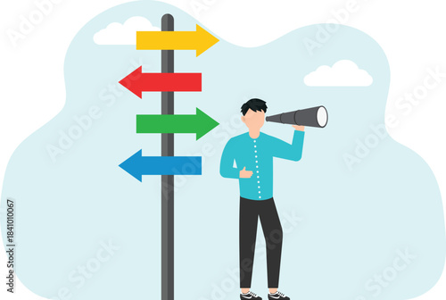 Planning strategy, ways to achieve business goals, searching for new opportunities for high results, direction of career development, path to success, man stands on pointer and looks through telescope